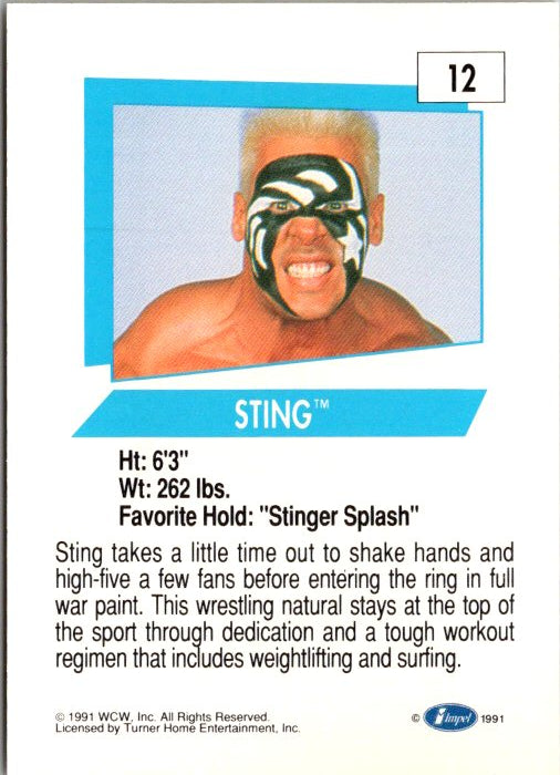12 STING WCW Impel trading card featuring Sting with face paint and details about his wrestling stats