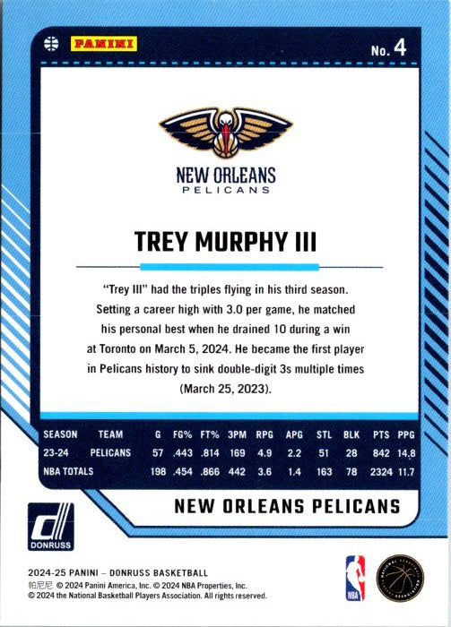 2023 Donruss Trey Murphy collectible trading card featuring player stats and information