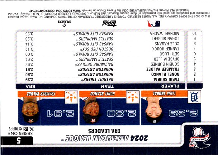 2024 American League ERA leaders card featuring Tarik Skubal, Ronel Blanco, and Framber Valdez