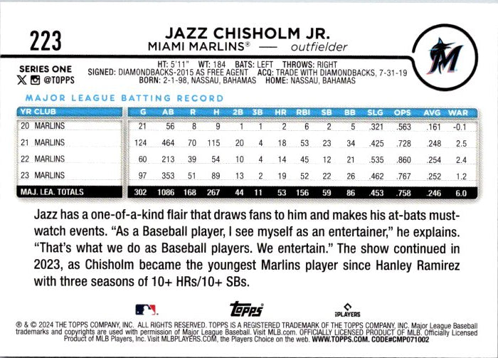 2024 Topps 223 Jazz Chisholm Jr Baseball Card featuring Miami Marlins Outfielder Stats