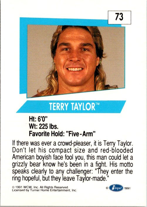 73 TERRY TAYLOR WCW Impel trading card featuring stats and favorite hold for collectors