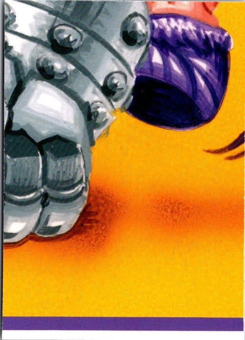 Close-up of 8B Disasters of the Universe trading card featuring a metallic armored hand and purple glove on orange background
