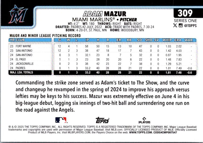 Topps Adam Mazur rookie card featuring Miami Marlins pitcher with stats and player details