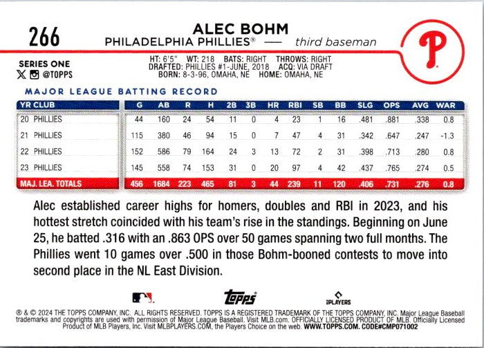 Topps Alec Bohm trading card featuring Philadelphia Phillies third baseman with stats and background info