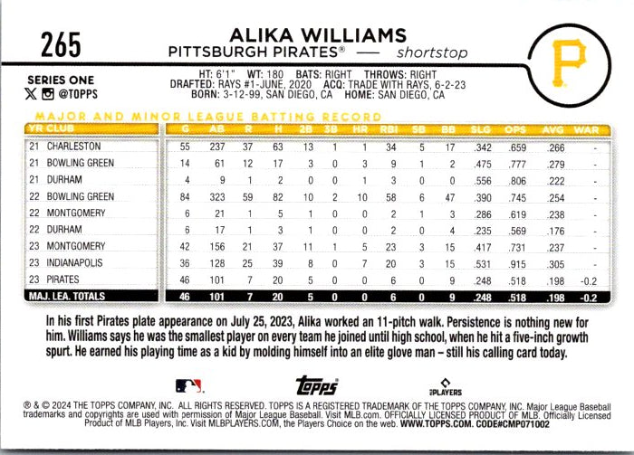 Topps Alika Williams rookie card featuring Pittsburgh Pirates shortstop statistics and biography