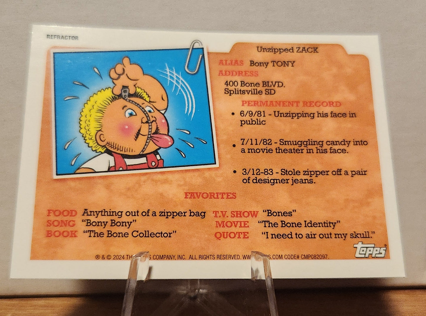 GPK Card featuring Bony Tony with detailed background info, titled AN-6B JUNE MOON- GARBAGE PAIL KIDS-REFRACTOR