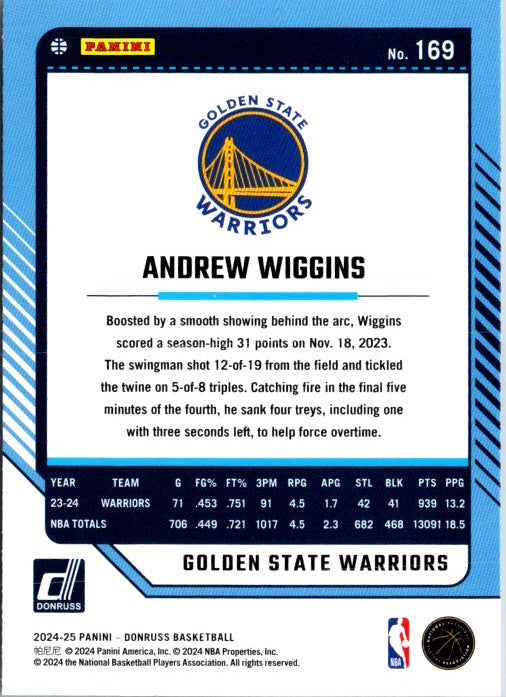 Andrew Wiggins trading card from Donruss Panini featuring player stats and the Golden State Warriors logo
