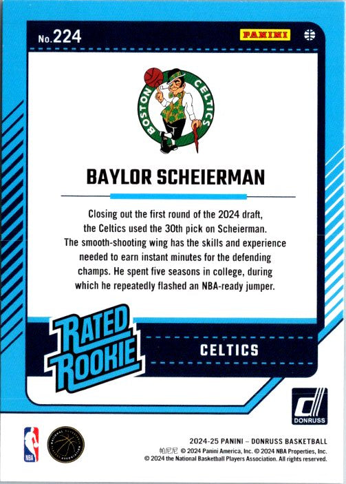 Baylor Scheierman rookie card from DONRUSS PANINI featuring Boston Celtics logo and player details