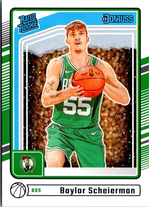 Baylor Scheierman rookie card from Donruss Panini featuring the player in a green basketball jersey