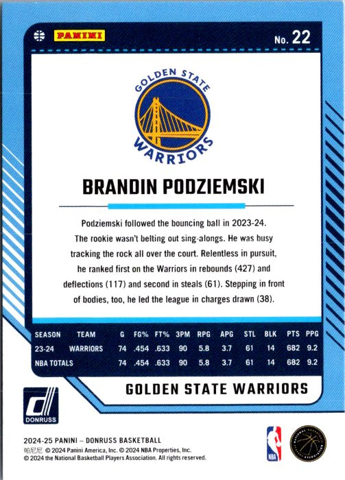 DONRUSS PANINI Brandin Podziemski rookie card featuring player stats and Golden State Warriors branding