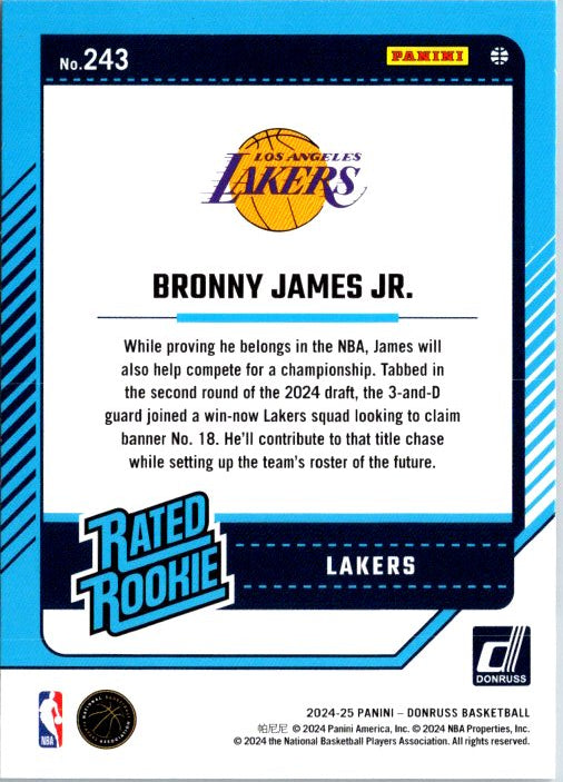 Bronny James rookie card featuring Los Angeles Lakers information and player details.
