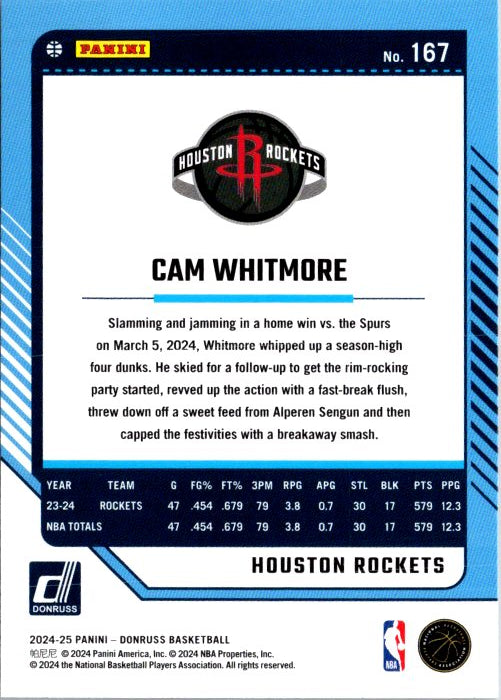 Cam Whitmore trading card from Donruss Panini featuring stats and highlights from his games