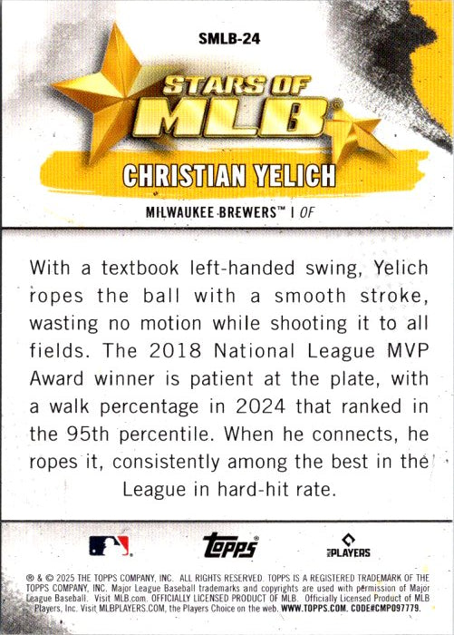 Christian Yelich trading card from Topps featuring stats and accomplishments of the MLB player