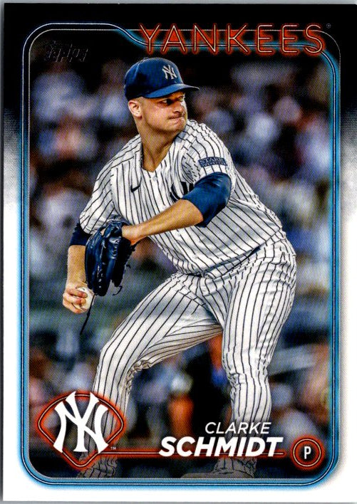 Topps Clarke Schmidt Yankees card featuring the pitcher in action wearing his team uniform