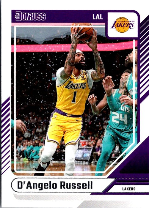 D'Angelo Russell trading card featuring him scoring for the Lakers in a game action shot