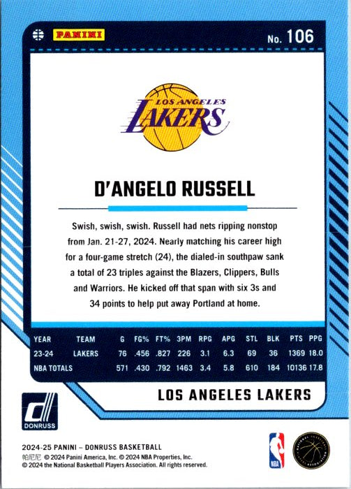 D'Angelo Russell trading card from Panini featuring player stats and Los Angeles Lakers details