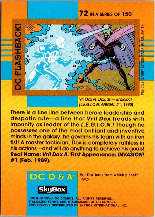DC Comics VRIL DOX collectible card featuring Vril Dox battling Brainiac in vibrant colors