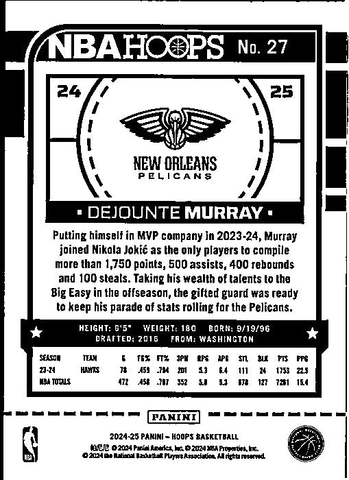 Dejounte Murray trading card featuring stats and highlights from the NBA Hoops collection