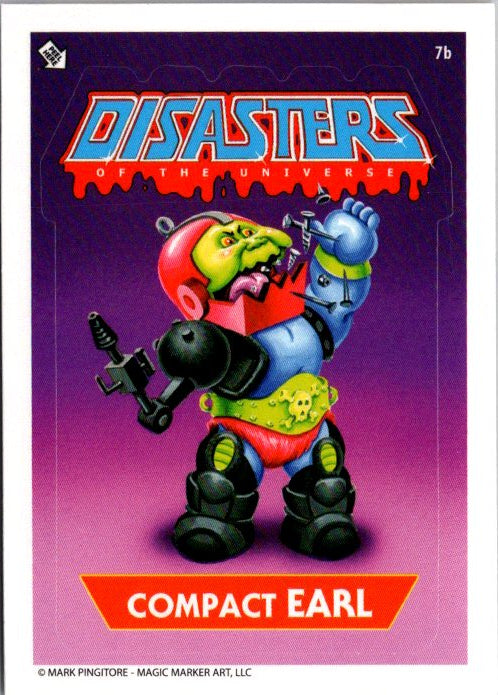 Disasters of the Universe collectible card featuring Garbage Pail Kids 7B Compact Earl character artwork
