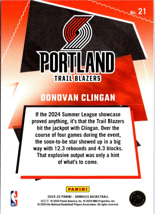 Donovan Clingan rookie card from Panini featuring stats and highlights from the 2024 Summer League