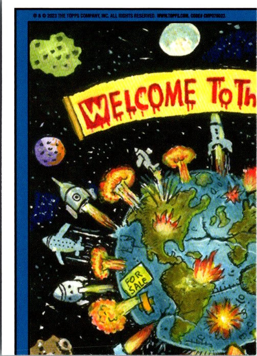 1B LEAKY LUNA -GARBAGE PAIL KIDS card featuring a colorful alien world with rockets and explosions