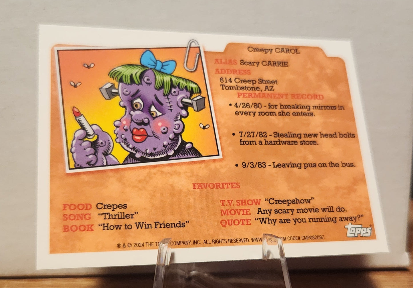 GPK card featuring Creepy Carol with details and humor for fans of AN-2A TIA POT trading card