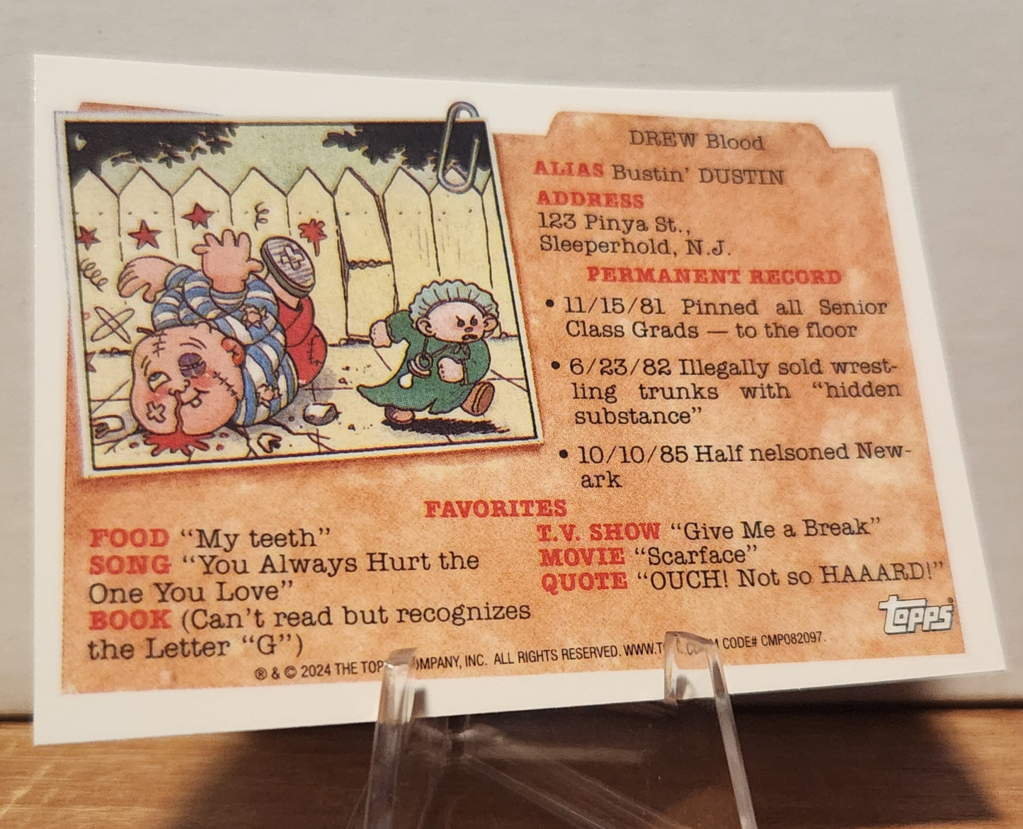 Blockhead Blake trading card featuring Drew Blood with humor and fun character details