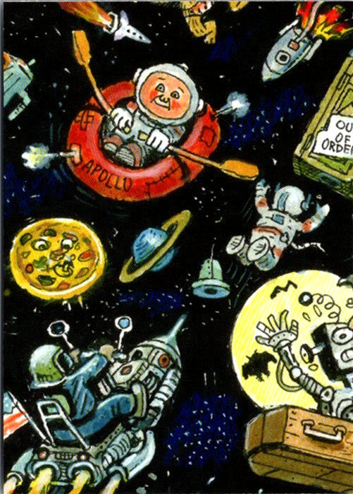 Garbage Pail Kids Mal-Content card featuring colorful space scene with astronauts and whimsical elements