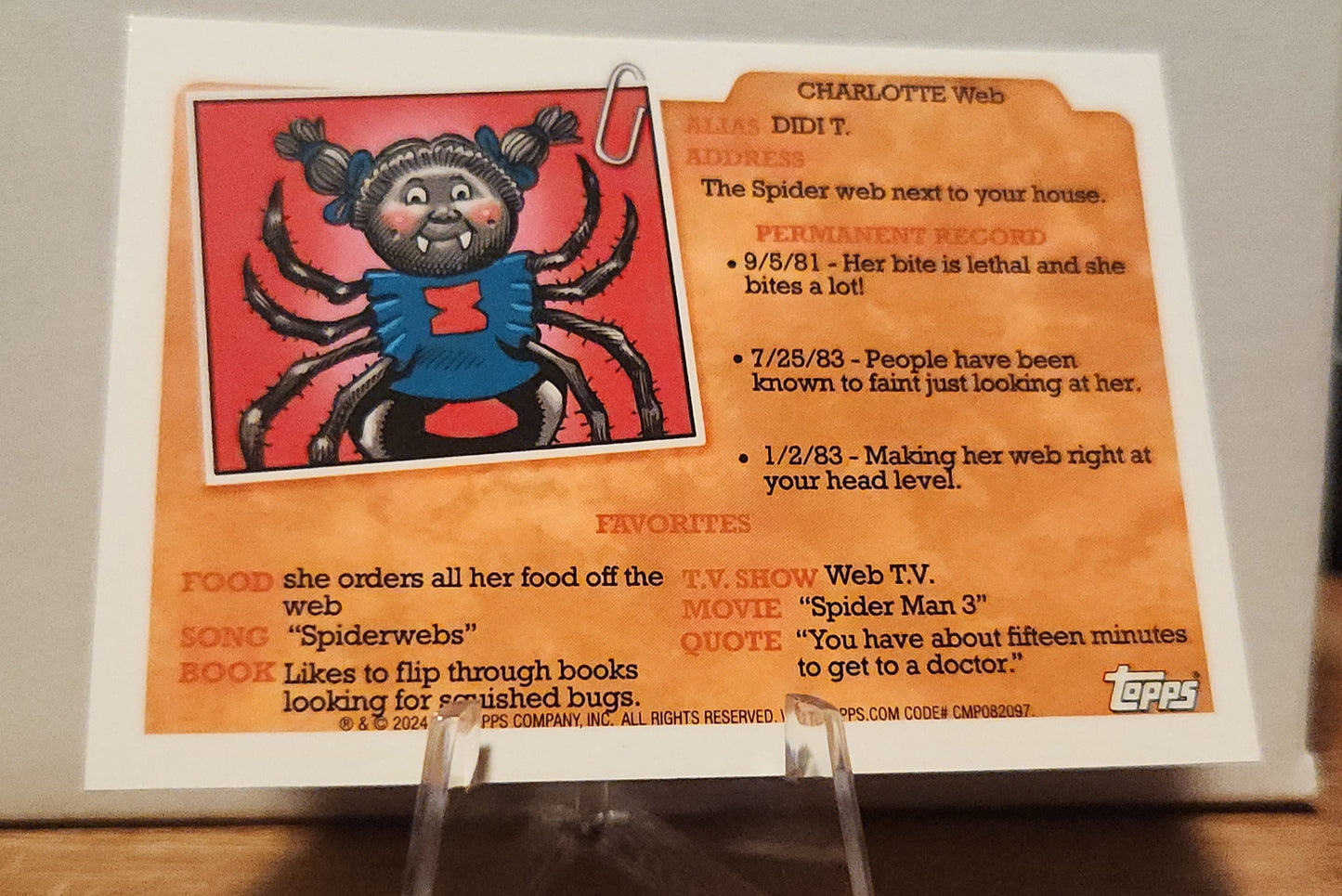 Garbage Pail Kids modern art card featuring Charlotte Web with spider design and humorous details