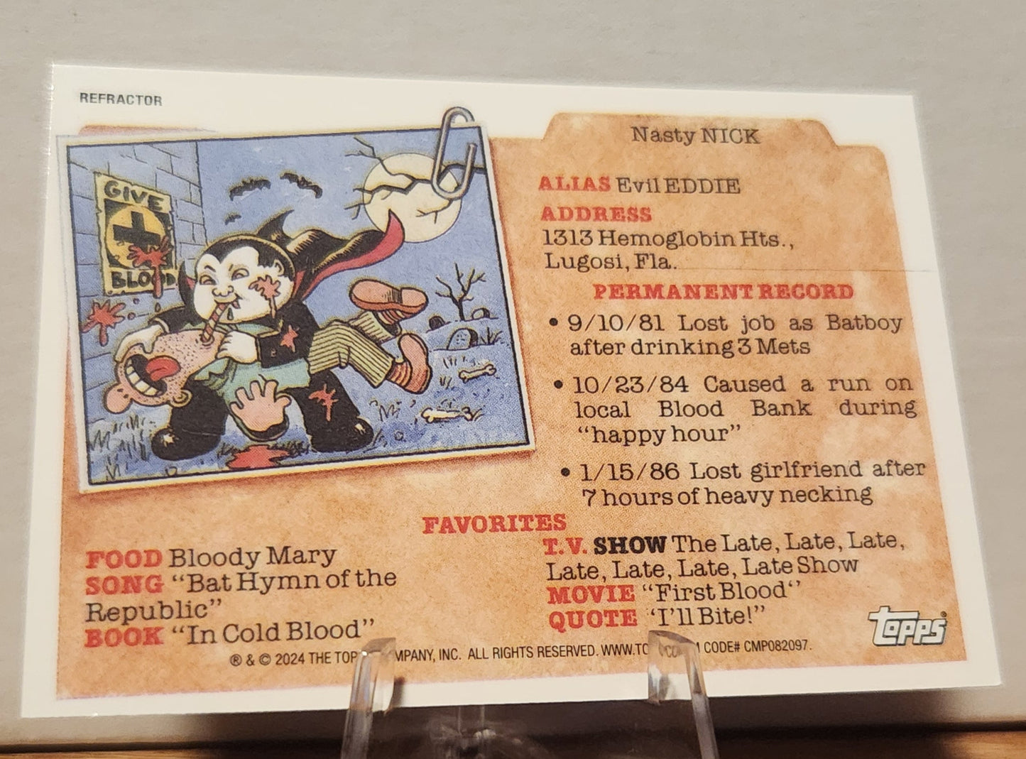 Topps Jughead Ted trading card featuring Nasty Nick with colorful artwork and detailed statistics