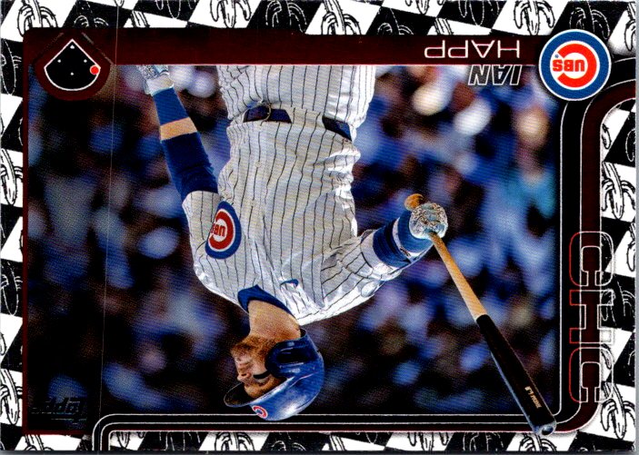 Topps Ian Happ trading card featuring the Chicago Cubs player in action with his bat