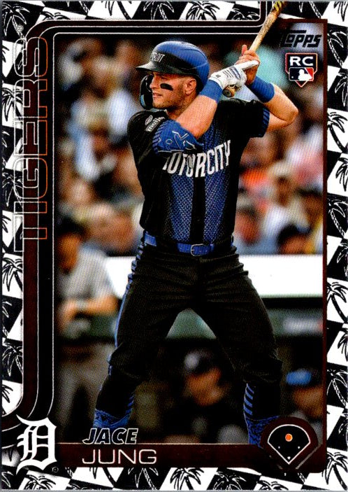 Jace Jung baseball card featuring the player in a batting stance for the Detroit Tigers