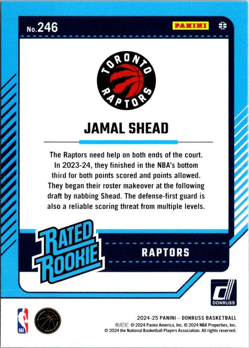 Jamal Shead rookie card featuring Toronto Raptors design with player stats and team logo