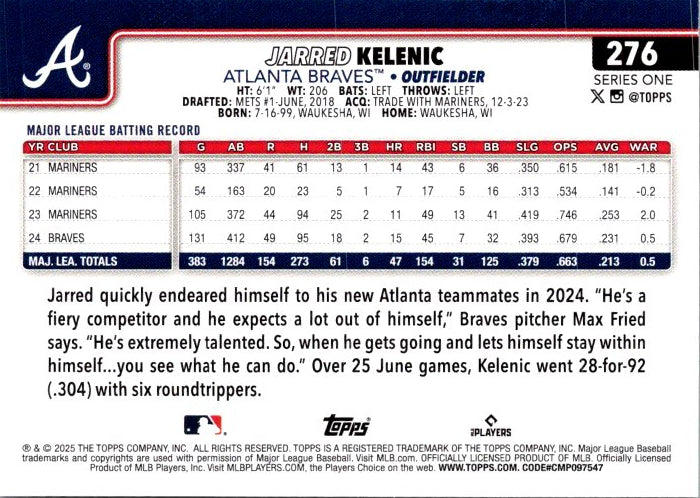 Jarred Kelenic baseball card featuring Atlanta Braves outfielder stats and player information