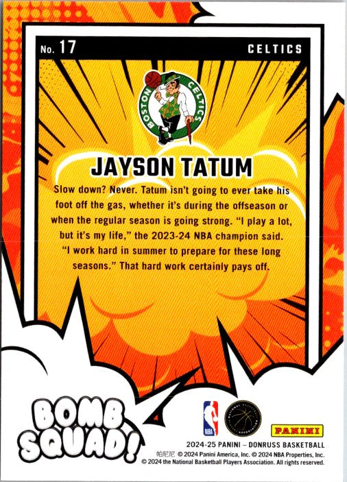 Jayson Tatum Bomb Squad card featuring the Celtics star and motivational quote for fans