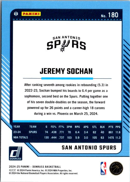 Jeremy Sochan trading card from DONRUSS PANINI showcasing player stats and information for collectors