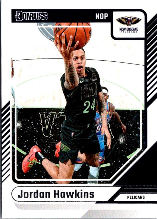 Jordan Hawkins trading card from Donruss Panini featuring the New Orleans Pelicans player in action