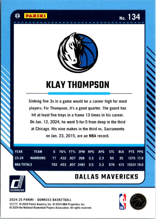DONRUSS PANINI Klay Thompson trading card featuring player statistics and career highlights