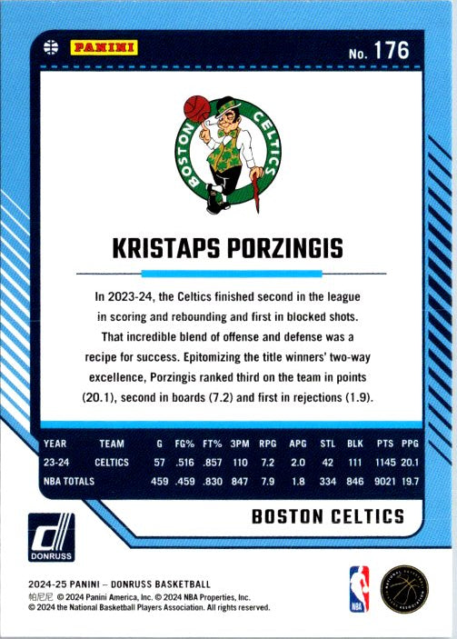 Kristaps Porzingis trading card featuring stats and highlights from the 2024 season with Boston Celtics