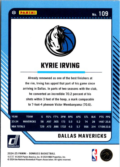 Kyrie Irving trading card featuring his Dallas Mavericks stats and background information from DONRUSS PANINI