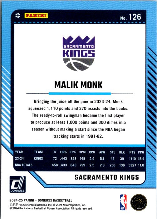 DONRUSS PANINI Malik Monk trading card featuring player stats and background information