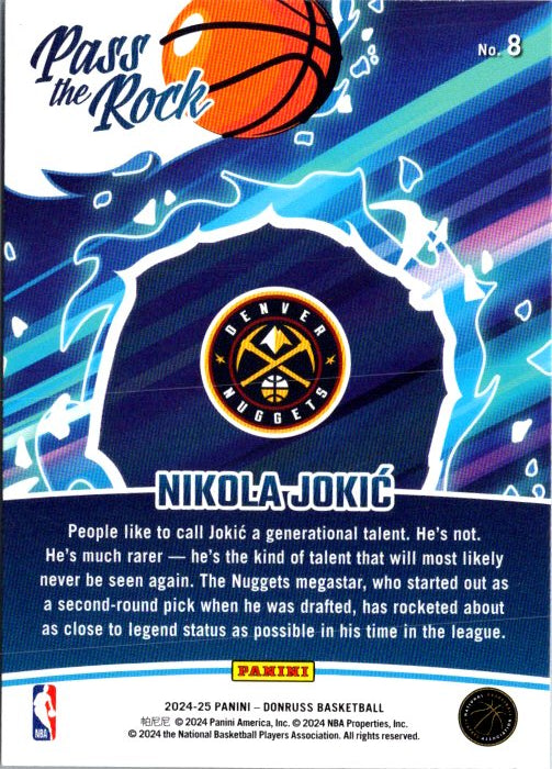 Nikola Jokic trading card from Donruss Panini featuring the Denver Nuggets and Pass the Rock design