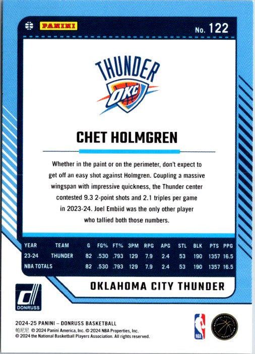 Chet Holmgren rookie card from DONRUSS PANINI featuring stats and career highlights