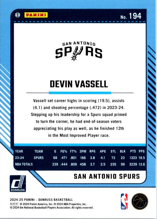 Devin Vassell trading card featuring stats and highlights from the San Antonio Spurs player
