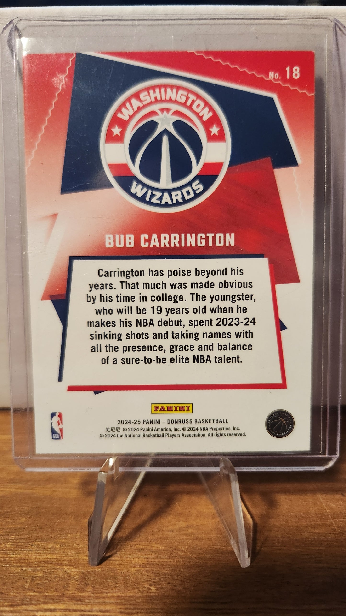 Panini Donruss Bob Carrington card featuring Washington Wizards with player biography and stats