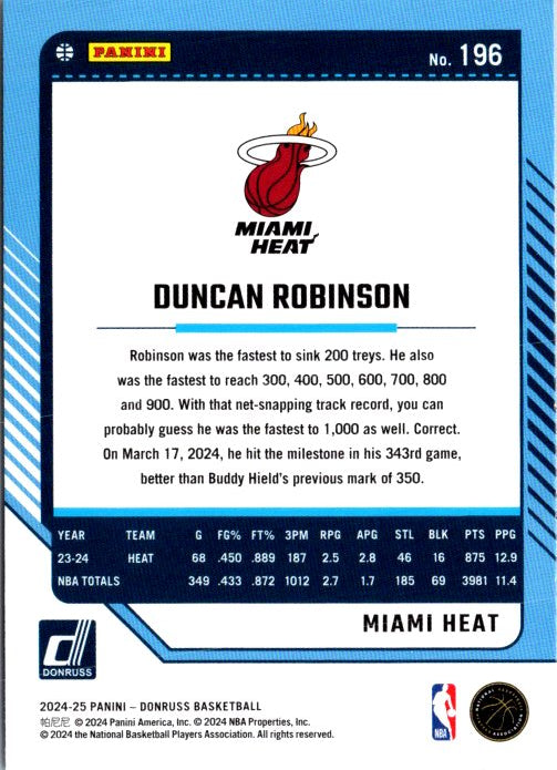 Duncan Robinson trading card featuring Miami Heat player stats and milestones for the 2023-24 season