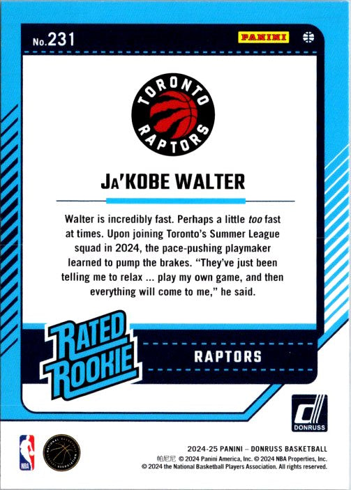 Ja'Kobe Walter trading card No. 231 featuring Toronto Raptors Rated Rookie details