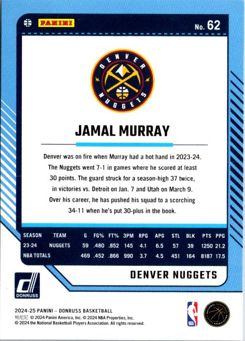 Jamal Murray trading card from DONRUSS PANINI featuring stats and highlights from his 2023-24 season