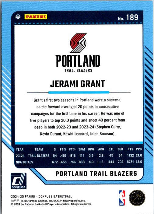 Jerami Grant trading card from Donruss Panini featuring Portland Trail Blazers statistics
