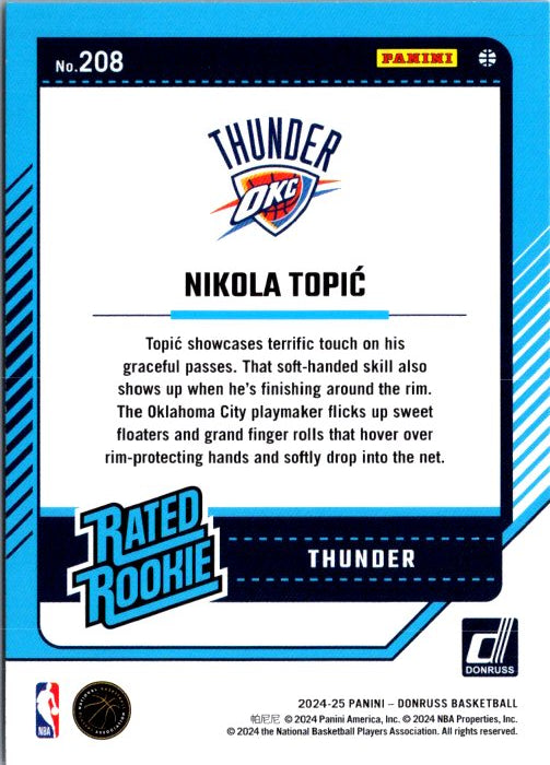 Nikola Topic rookie card featuring Oklahoma City Thunder branding and player description
